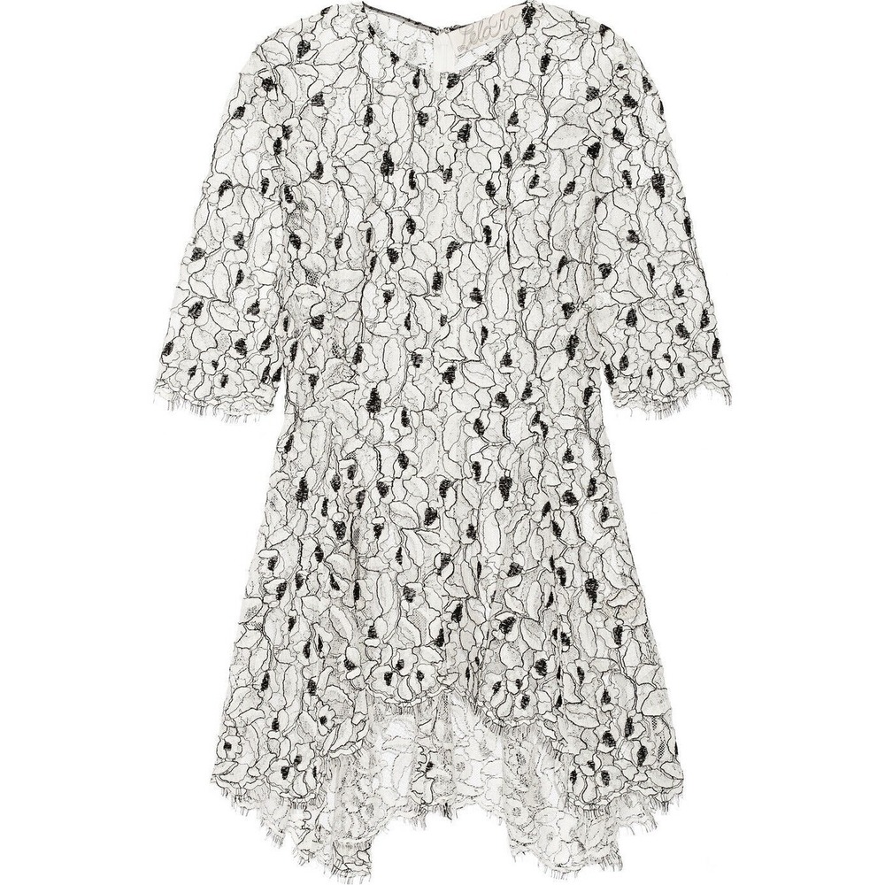 $1195 LELA ROSE LACE FLARE HEM Asymmetric Black Ivory guipure lace Flare TOP 6 - Picture 12 of 14
